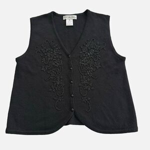 Vintage 90s JH Collectibles Womens Black Beaded Wool Blend Knit Vest Formal Sz M